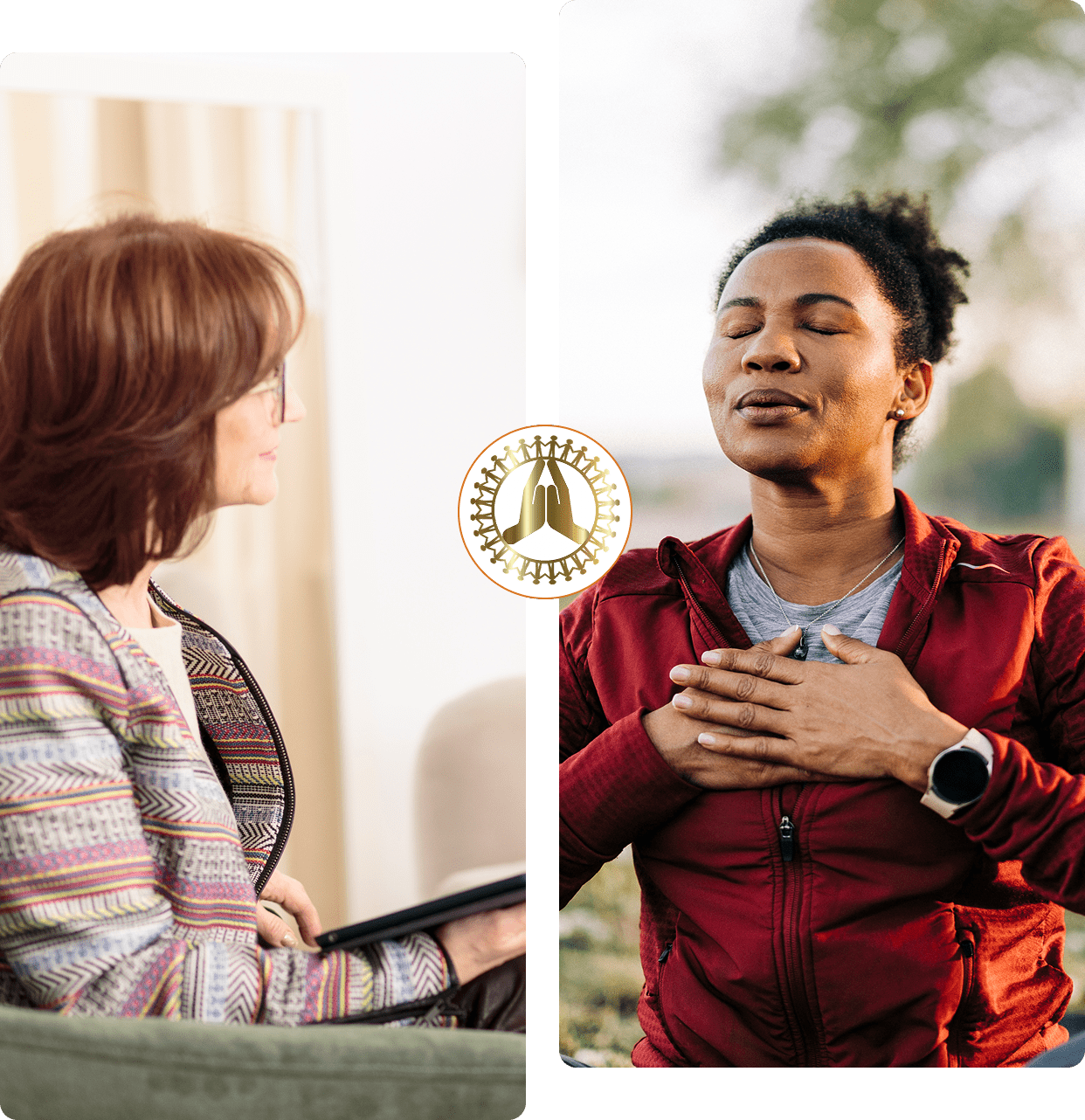 Two women engaged in a heartfelt conversation, one speaking and the other listening.