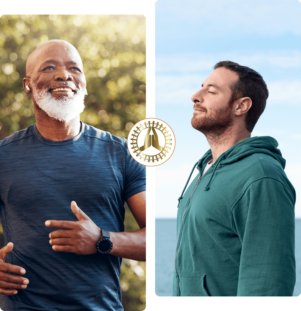 Two men practicing mindfulness and deep breathing outdoors.