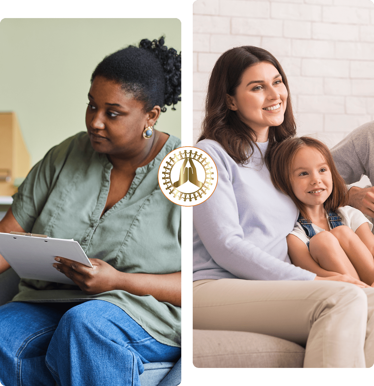 A woman using a tablet, another woman and child sitting on a couch.