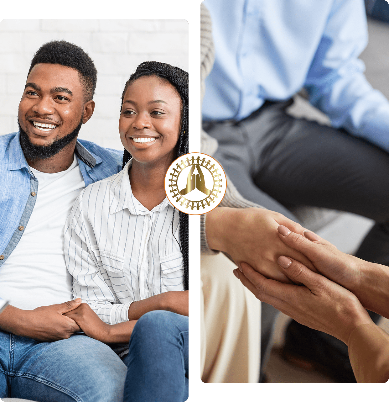 Couple sharing a joyful moment and a comforting handshake.