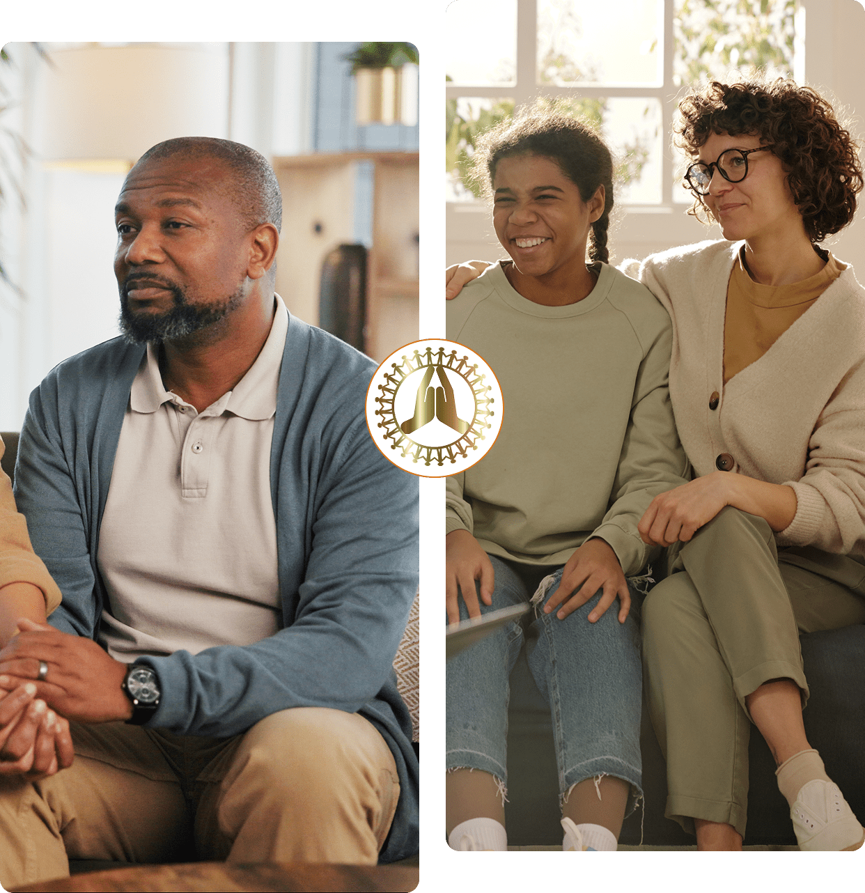 Two couples sitting and smiling in a cozy living room.