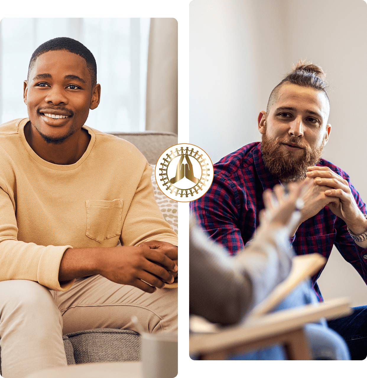 Two men smiling and engaging in a conversation indoors.