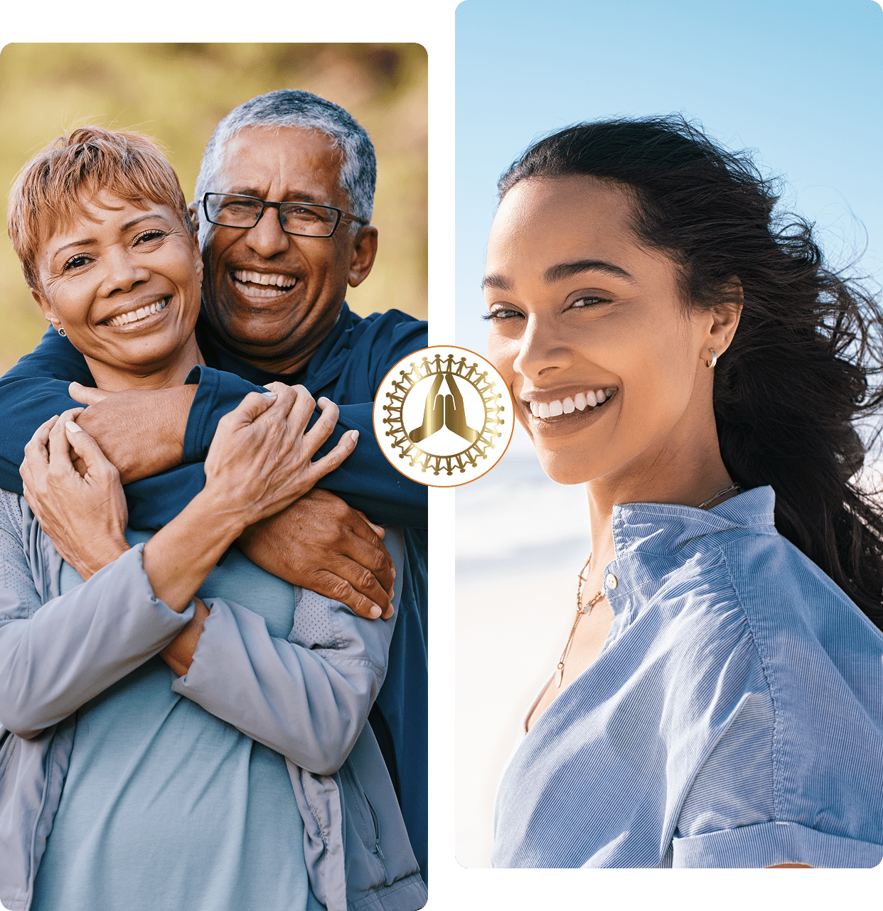 Smiling multi-generational family members embracing outdoors.