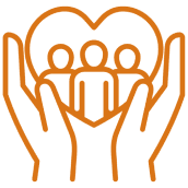 Hands holding heart with three people inside.