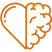 Half heart, half brain orange outline icon.
